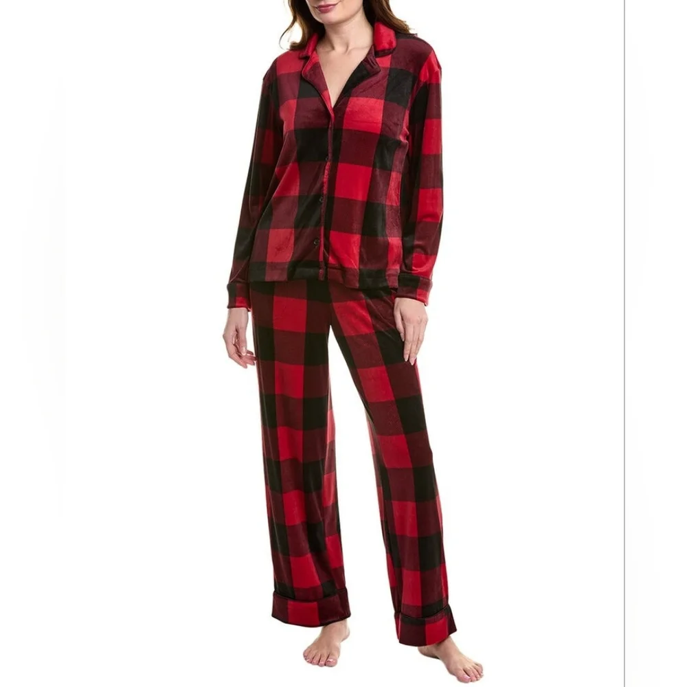Donna Karan 2 Piece Pajamas Set  Womens Size XL Red Buffalo Plaid Velour Preppy